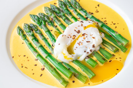 Tender asparagus spears with silky sauce and perfect poached egg on topの写真素材