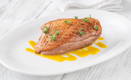 Golden fried duck breast rests atop tangy mustard lemon honey sauce baseの写真素材