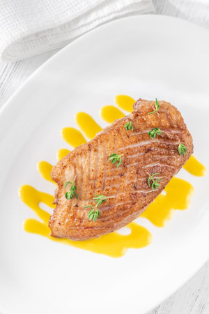 Golden fried duck breast rests atop tangy mustard lemon honey sauce baseの写真素材
