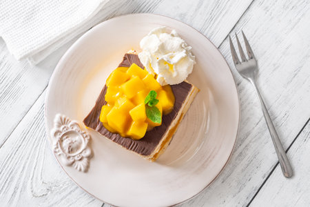 Tropical dessert square served with whipped cream, chocolate topping, and mangoの写真素材