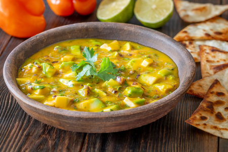 Triangle tortilla chips surround salsa of mango, avocado, cilantro, and red onionの写真素材
