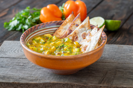 Triangle tortilla chips surround salsa of mango, avocado, cilantro, and red onionの写真素材