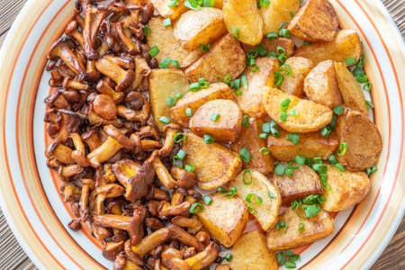 Golden potatoes chanterelle mushrooms crispy crust paprika rustic warm serving