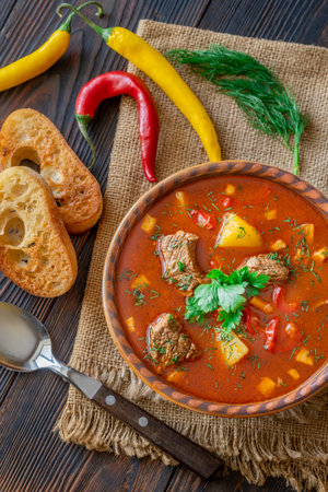 Spicy chili heat complements the herb-topped stew and breadâs rustic golden texture beautifullyの写真素材