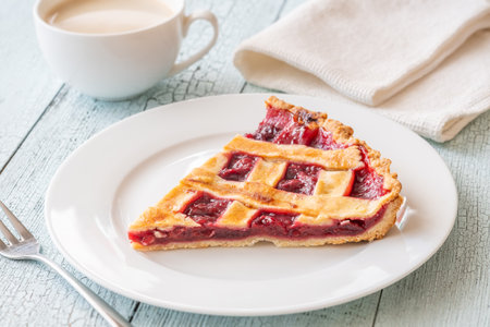 Golden crust and ruby filling glow beside warm coffee, evoking cozy morning indulgenceの写真素材