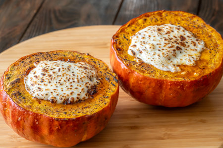 Golden Hokkaido pumpkins stuffed with savory beef, topped with melted mozzarellaの写真素材