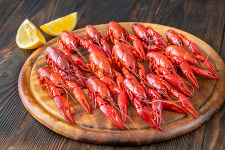 Symmetrical seafood composition on dark wood table, bright red shells, menu ready photo