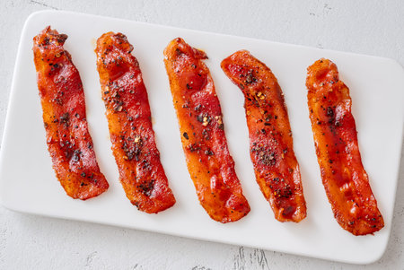 Sweet glazed bacon with cracked pepper and chili flakes on clean modern surface