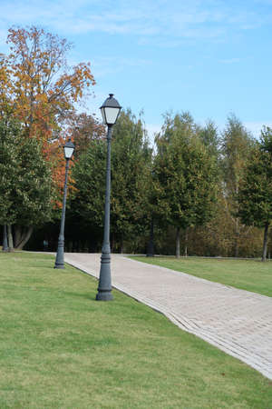 A path paved with paving slabs with lanterns on a mowed lawn, autumn, parkの写真素材