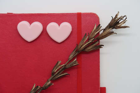 Two paper clips in the shape of pink hearts and dried flowers on an old weekly journal, memories,...