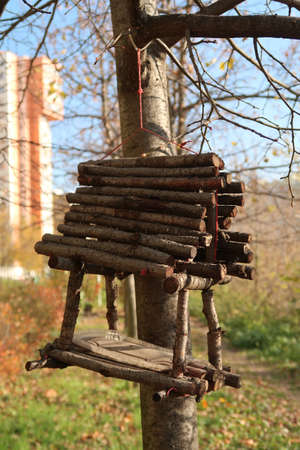 Bird feeder made of wooden sticks, autumnの写真素材