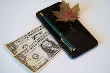 Dollars, maple leaf, cell phone and pen, freelance work in quarantineの写真素材