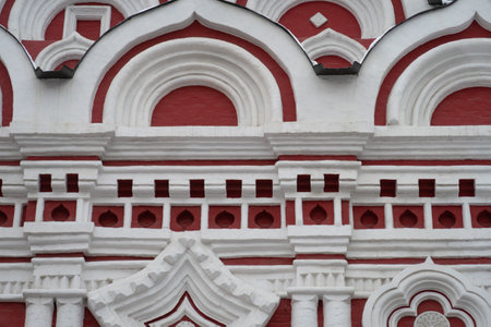 Facade decoration of the building of the Church of St. George the Victorious in Moscow, white and redの写真素材