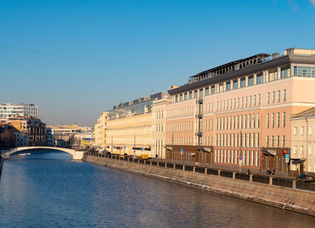 Sadovnicheskaya embankment on Vodootvodny canal, white Zverev bridge is visible, Moscow, sunnyのeditorial素材