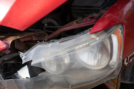 Broken headlight of a red car in an open parking lot, bumper, hood and a few glass shardsの写真素材