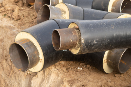 Curved pipes with thermal insulation stacked at a construction site at the edge of a quarry, autumn,...