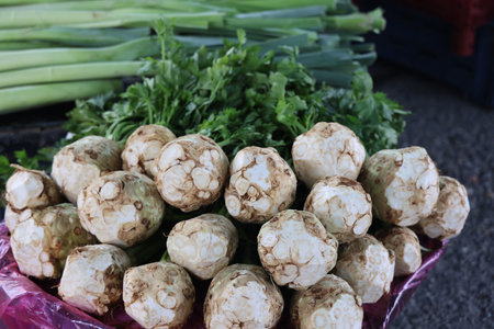 Root celery roots for sale, oriental bazaar, Turkey, april, 2021の写真素材