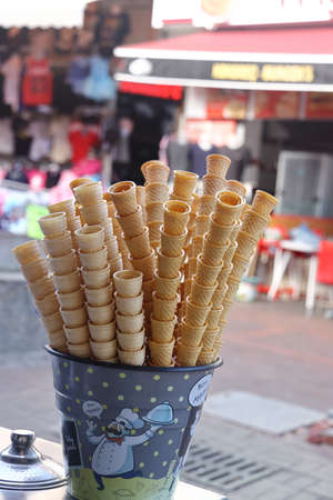 Empty Ice Cream Waffle Cups Street Vending Turkey Nov 2021.
