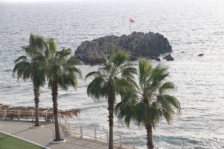 Palm trees on the embankment against the background of the sea and a small rocky island with a flag.の写真素材
