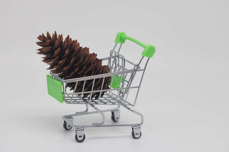 A fir cone lies in a toy grocery cart, festive chores, New Year worries.の写真素材