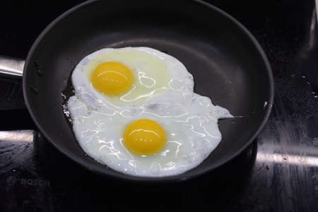 Two fried eggs for a healthy breakfast. Fried eggs in a black pan