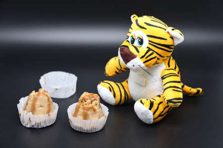 Sweet cakes and aerated chocolate on a dark background. unhealthy foods. The concept of a healthy lifestyle. diet violation. weight controlの写真素材