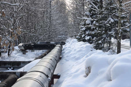 The main provides the city with hot water. selective focus. The large pipes of the central heating system are covered with snow. Icicles on pipes. fuel crisis. Increasing the cost of heatingの写真素材