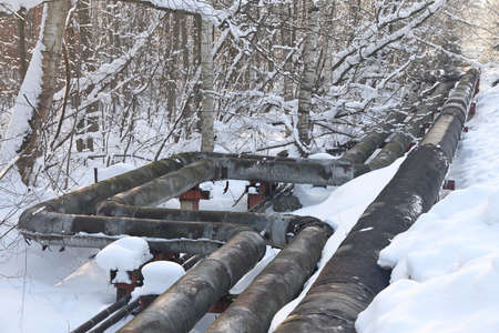The main provides the city with hot water. selective focus. The large pipes of the central heating system are covered with snow. Icicles on pipes. fuel crisis. Increasing the cost of heatingの写真素材