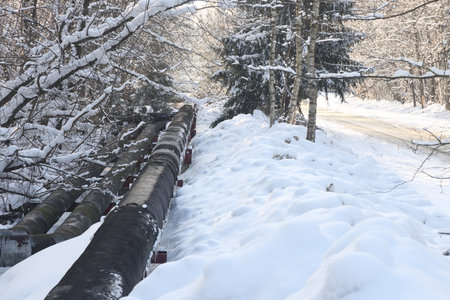 The main provides the city with hot water. selective focus. The large pipes of the central heating system are covered with snow. Icicles on pipes. fuel crisis. Increasing the cost of heatingの写真素材