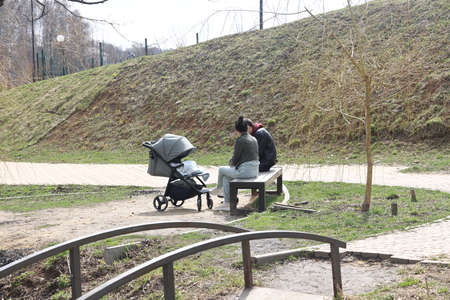 Landscape park in the Moscow region, flowering tree branches, spring April 2022の写真素材