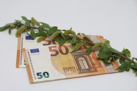 On the banknote there is a branch with blossoming buds, tender green leaves, spring, new grandiose plans for the financial yearの写真素材