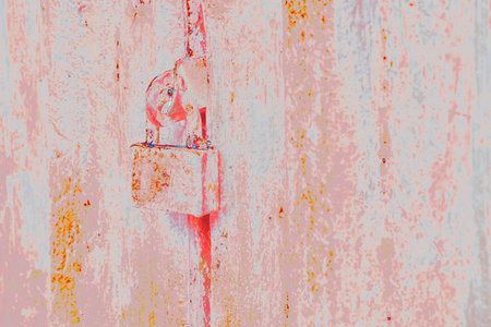 Old rusty lock on metal doors, changed color scheme, pastel tone