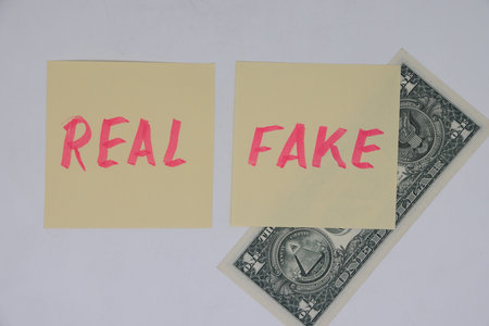 The words fake and real on pink sheets of note paper on white background. Stickers with inscriptions fake and real lie on banknotesの写真素材