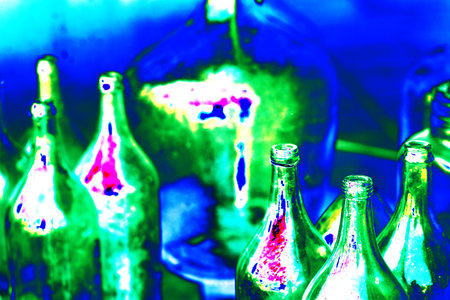 Empty transparent glass bottles. Wine bottles of various shapes. Weird shadows. Changed color scheme. colorful backgroundの写真素材