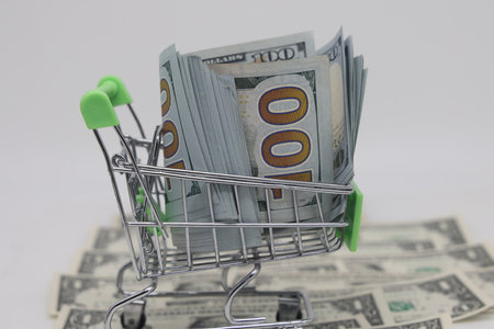 Shopping cart with dollar banknotes on a white background. The concept of the purchase of goods