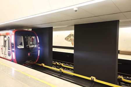 The train arrives at the Nagatinsky Zaton station of the Bolshaya Koltsevaya metro line, Moscow,...