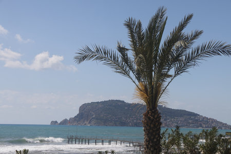 Storm on the beach on a cloudy day, minimalism, Alanya, Turkey, April 2023の写真素材