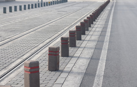 close-up of tram tracks, paved road, minimalismの写真素材