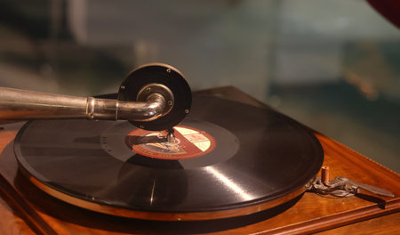 Antique gramophone with a record, retro, museumの写真素材
