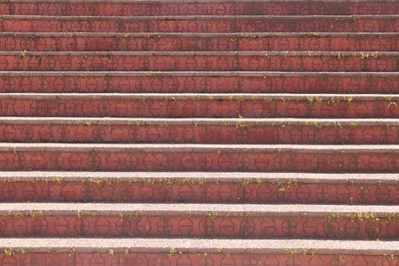 A stone pink staircase overgrown with grass.の写真素材