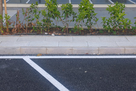 A section of an asphalt road with a curb stone and a lawn, minimalism, urbanism.の写真素材