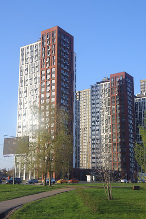 modern buildings of Moscow, new buildings in South Butovo, evening lightingの写真素材