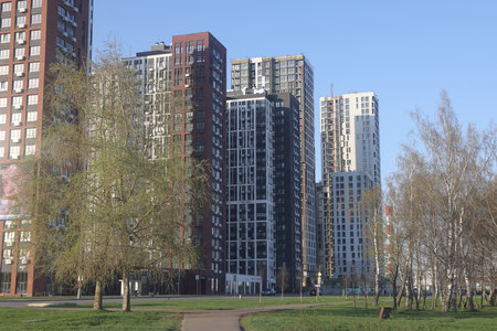 modern buildings of Moscow, new buildings in South Butovo, evening lighting, April 21, 2025の写真素材