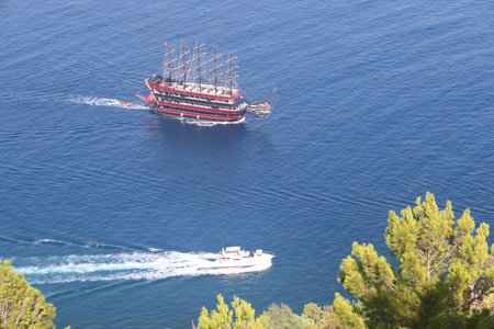 pleasure boats against the blue sea, Turkey, August 2023の写真素材