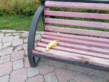 banana peel on the benchの写真素材