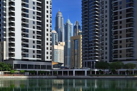 Skyscrapers of Dubai Marina from Jumeirah Lake Towers.のeditorial素材