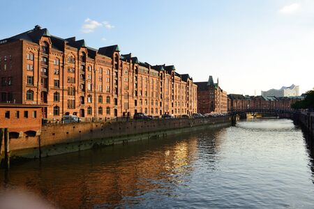 Speicherstadt, historical center of Hamburg at sunset.