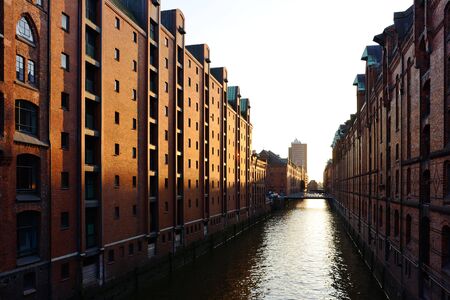Speicherstadt, historical center of Hamburg at sunset.の写真素材