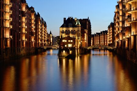 Speicherstadt, historical center of Hamburg at twilight.の写真素材