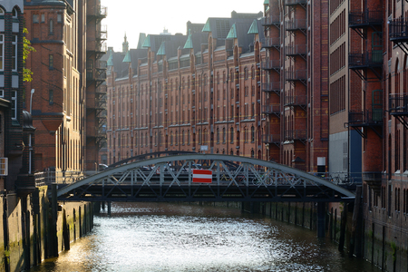 Speicherstadt, historical center of Hamburg at sunset.の写真素材